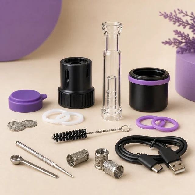 Selección de piezas para vaporizador: tubo transparente, cuerpos negros, juntas moradas y blancas, filtros, cepillo y cable USB. Selección de piezas para vaporizador: tubo transparente, cuerpos negros, juntas moradas y blancas, filtros, cepillo y cable USB.