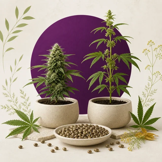 Dos plantas de cannabis en macetas, una compacta con flores densas y otra alta y espigada, junto a un cuenco lleno de semillas. Dos plantas de cannabis en macetas, una compacta con flores densas y otra alta y espigada, junto a un cuenco lleno de semillas.