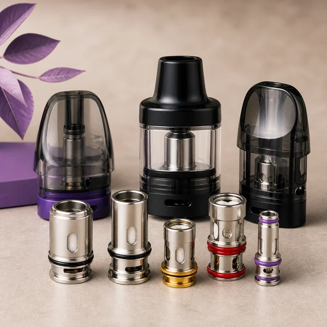Cinco resistencias de vapeador de distintos tamaños y acabados, alineadas ante tres depósitos con boquillas negras. Cinco resistencias de vapeador de distintos tamaños y acabados, alineadas ante tres depósitos con boquillas negras.