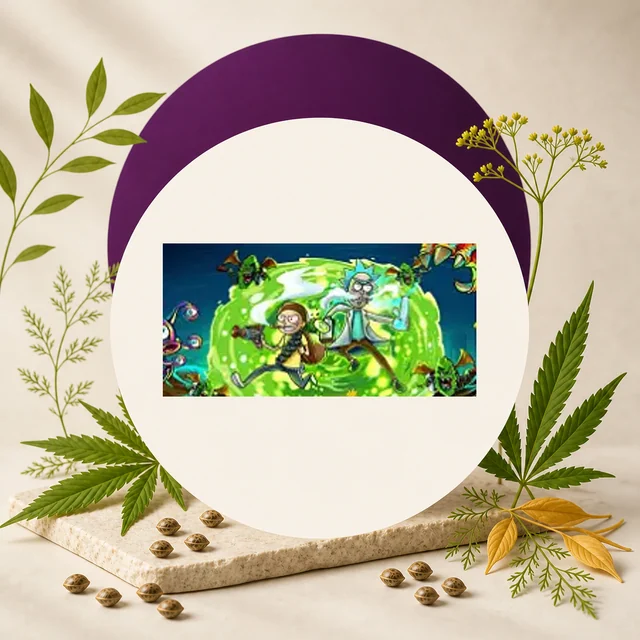 Ilustración de Rick y Morty ante un portal verde, dentro de un círculo crema rodeado de hojas de cannabis y semillas. Ilustración de Rick y Morty ante un portal verde, dentro de un círculo crema rodeado de hojas de cannabis y semillas.