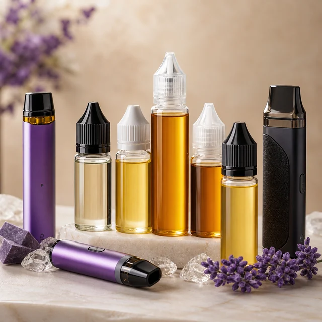 Selección de frascos con líquidos amarillos y ámbar junto a dispositivos de vapeo negros y morados, con flores y piedras decorativas. Selección de frascos con líquidos amarillos y ámbar junto a dispositivos de vapeo negros y morados, con flores y piedras decorativas.