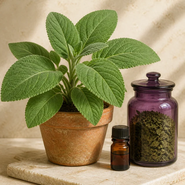 Planta de hojas verdes anchas en maceta, junto a un frasco morado con material vegetal seco y un pequeño frasco ámbar con tapón negro.