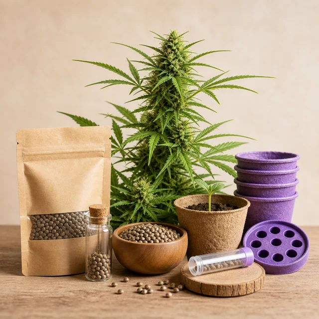 Planta de cannabis con flores junto a semillas en bolsa, cuenco y tubos, una plántula en maceta y macetas moradas apiladas. Planta de cannabis con flores junto a semillas en bolsa, cuenco y tubos, una plántula en maceta y macetas moradas apiladas.