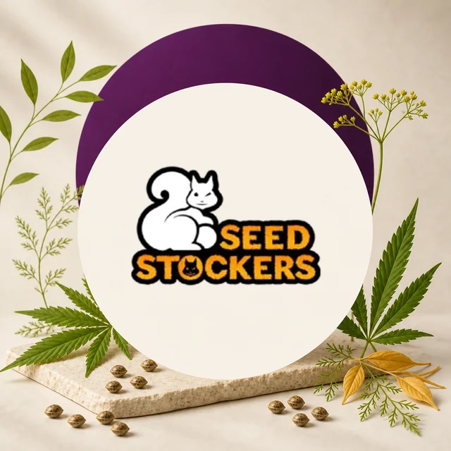 Logotipo de Seed Stockers con una ardilla y letras amarillas, en un círculo crema rodeado de hojas de cannabis y semillas. Logotipo de Seed Stockers con una ardilla y letras amarillas, en un círculo crema rodeado de hojas de cannabis y semillas.
