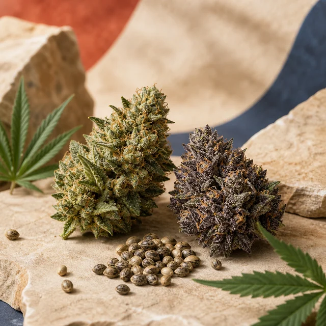 Dos cogollos de cannabis, uno verde y otro morado oscuro, junto a un montón de semillas sobre una superficie de piedra clara. Dos cogollos de cannabis, uno verde y otro morado oscuro, junto a un montón de semillas sobre una superficie de piedra clara.