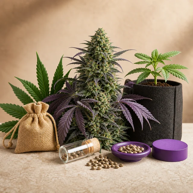 Planta de cannabis con un cogollo central y hojas moradas, junto a semillas, un frasco tumbado, un saco y una planta pequeña en maceta.