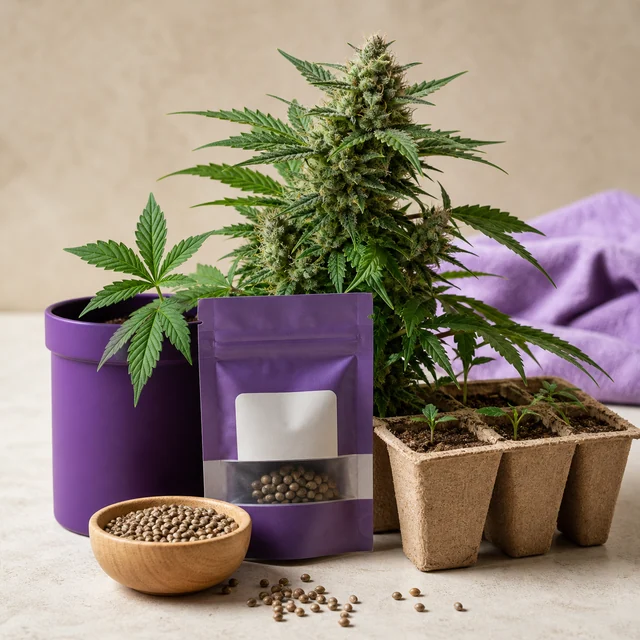 Planta de cannabis con flores junto a una bolsa morada con semillas visibles, un cuenco de semillas y una bandeja de plántulas. Planta de cannabis con flores junto a una bolsa morada con semillas visibles, un cuenco de semillas y una bandeja de plántulas.