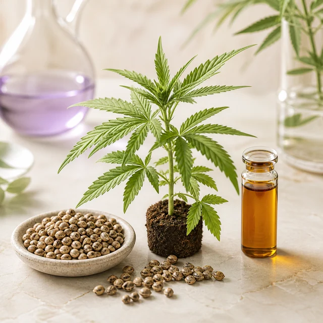 Planta joven de cannabis con el cepellón expuesto, junto a un cuenco de semillas, semillas esparcidas y un frasco con líquido ámbar. Planta joven de cannabis con el cepellón expuesto, junto a un cuenco de semillas, semillas esparcidas y un frasco con líquido ámbar.