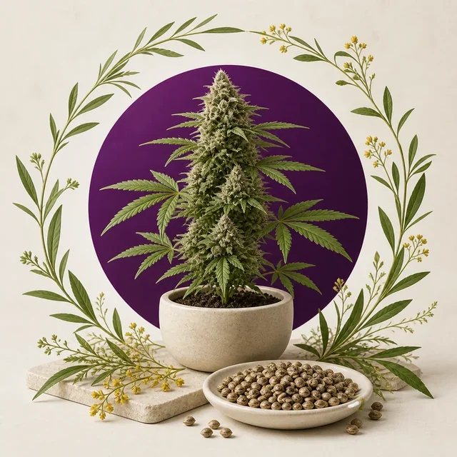 Ilustración de una planta de cannabis con cogollos en maceta, junto a un plato con semillas y ramas que enmarcan un círculo morado. Ilustración de una planta de cannabis con cogollos en maceta, junto a un plato con semillas y ramas que enmarcan un círculo morado.