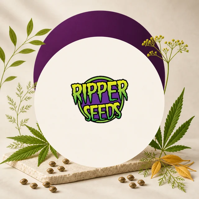 Logotipo de Ripper Seeds en verde y morado sobre un círculo crema, rodeado de hojas de cannabis y semillas. Logotipo de Ripper Seeds en verde y morado sobre un círculo crema, rodeado de hojas de cannabis y semillas.
