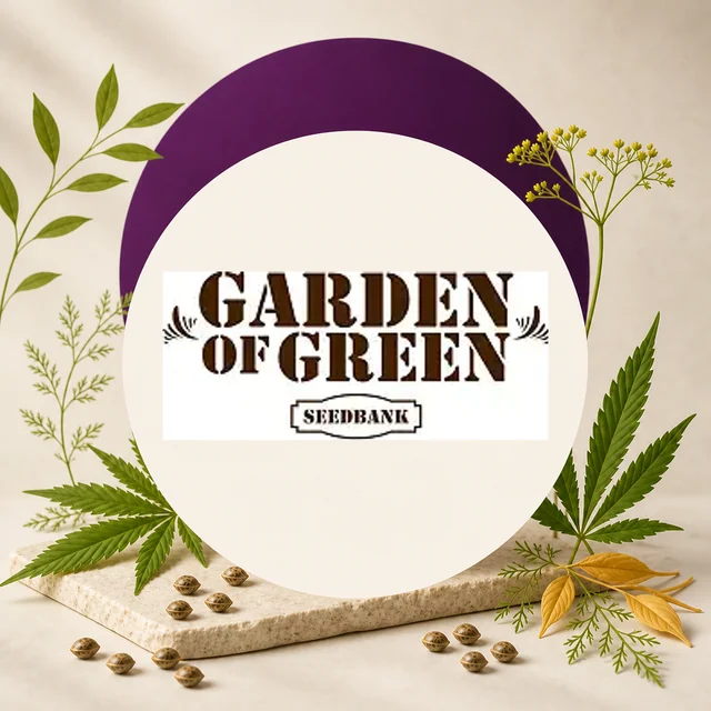 Logotipo Garden of Green Seedbank en un círculo crema con arco morado, rodeado de hojas de cannabis, ramas y semillas.