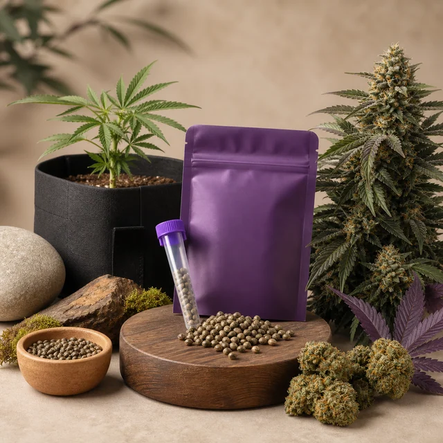 Bolsa morada junto a un tubo y semillas sobre una base de madera, con cogollos y plantas de cannabis alrededor. Bolsa morada junto a un tubo y semillas sobre una base de madera, con cogollos y plantas de cannabis alrededor.
