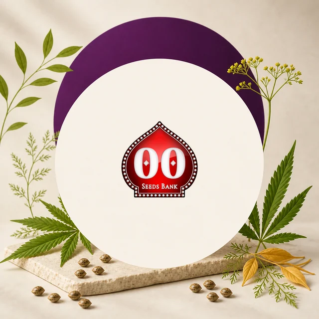 Logotipo rojo de 00 Seeds Bank en el centro de un círculo crema, rodeado de hojas de cannabis, semillas y un arco morado.