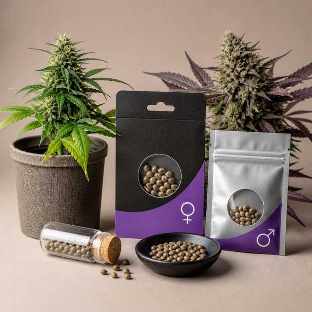 Semillas en un cuenco, un frasco y dos envases con símbolos femenino y masculino, ante plantas de cannabis verdes y moradas.