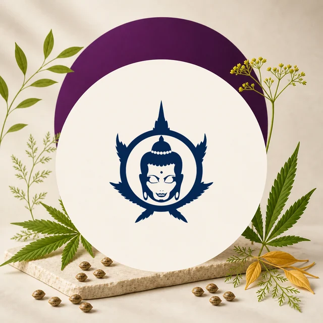 Logotipo azul de Buddha Seeds con un rostro de Buda sobre un círculo crema, rodeado de hojas de cannabis y semillas. Logotipo azul de Buddha Seeds con un rostro de Buda sobre un círculo crema, rodeado de hojas de cannabis y semillas.