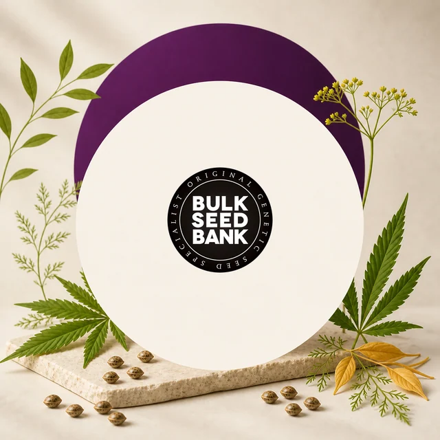 Logotipo de Bulk Seed Bank en un círculo blanco, rodeado de semillas, hojas de cannabis y ramas sobre un fondo beige y morado.