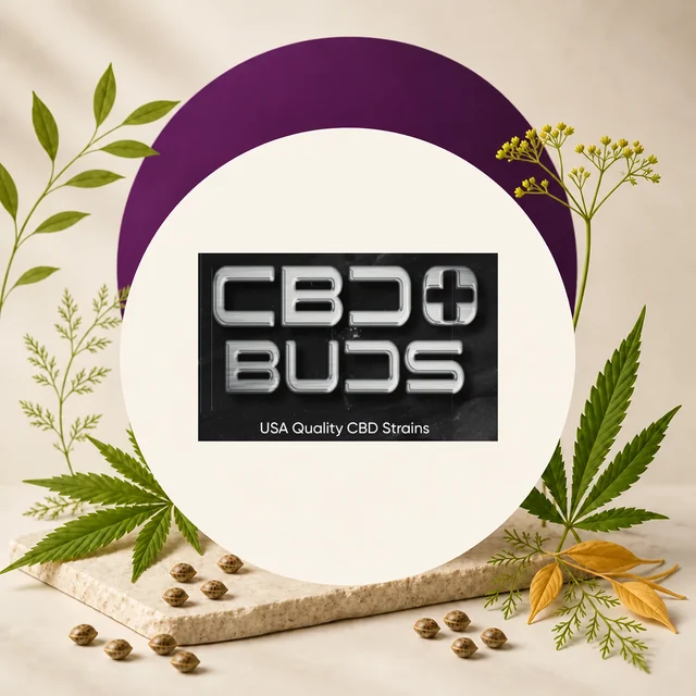 Logotipo de CBD+ Buds con el texto «USA Quality CBD Strains», sobre un círculo claro rodeado de hojas y semillas. Logotipo de CBD+ Buds con el texto «USA Quality CBD Strains», sobre un círculo claro rodeado de hojas y semillas.
