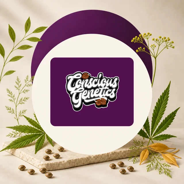 Logotipo Conscious Genetics en letras blancas sobre un recuadro morado, rodeado de hojas de cannabis y semillas sobre una base clara. Logotipo Conscious Genetics en letras blancas sobre un recuadro morado, rodeado de hojas de cannabis y semillas sobre una base clara.