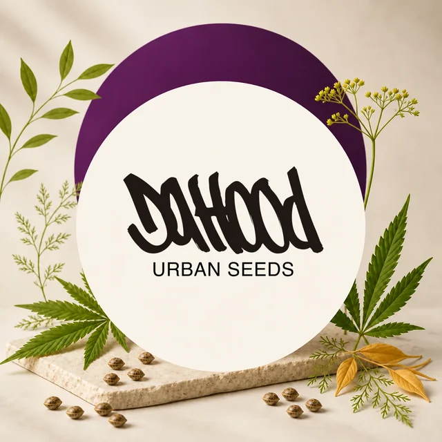 Logotipo negro de DaHood Urban Seeds sobre un círculo crema, con hojas de cannabis a los lados y semillas en la base. Logotipo negro de DaHood Urban Seeds sobre un círculo crema, con hojas de cannabis a los lados y semillas en la base.