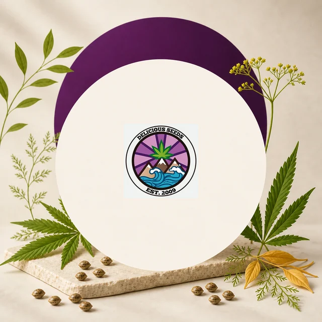 Logotipo circular de Delicious Seeds con una hoja sobre montañas y olas, rodeado de hojas dentadas y semillas sobre una base clara. Logotipo circular de Delicious Seeds con una hoja sobre montañas y olas, rodeado de hojas dentadas y semillas sobre una base clara.