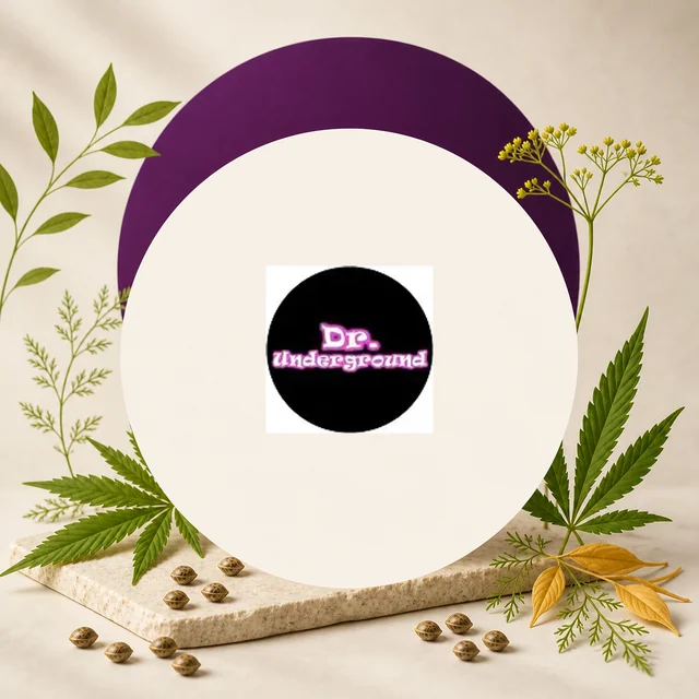 Logotipo de Dr. Underground en rosa sobre fondo negro, centrado en un círculo crema con hojas de cannabis, semillas y un arco morado alrededor.