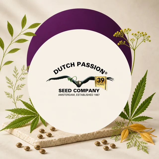 Logotipo de Dutch Passion Seed Company con distintivo de 39 años, rodeado de semillas y hojas de cannabis sobre fondo crema.