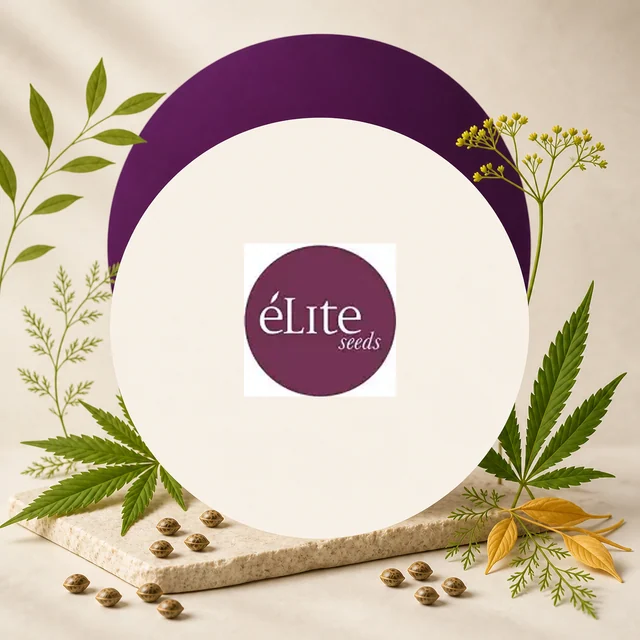 Logotipo de Elite Seeds en un círculo crema, rodeado de hojas de cannabis, semillas y ramas sobre un fondo beige y morado.