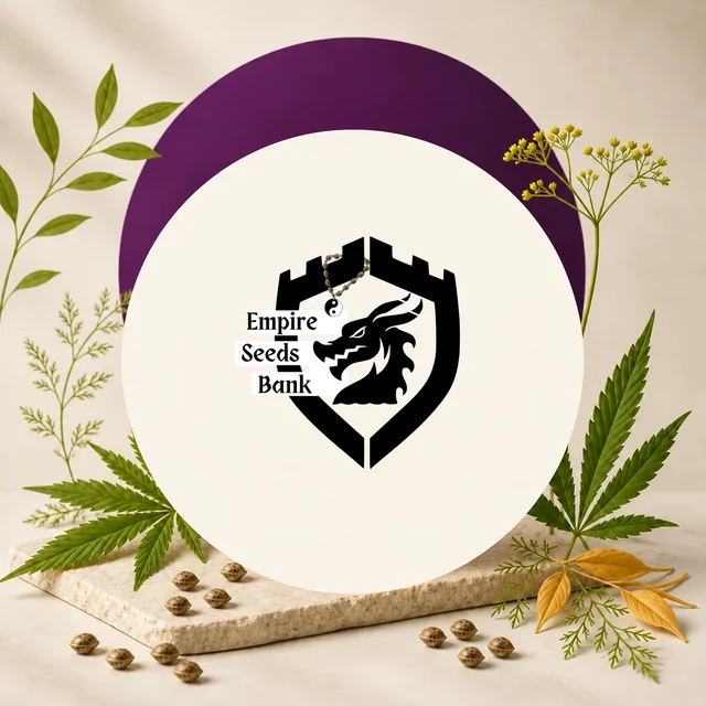 Logotipo negro de Empire Seeds Bank con escudo y cabeza de dragón, rodeado de hojas de cannabis y semillas sobre fondo crema. Logotipo negro de Empire Seeds Bank con escudo y cabeza de dragón, rodeado de hojas de cannabis y semillas sobre fondo crema.