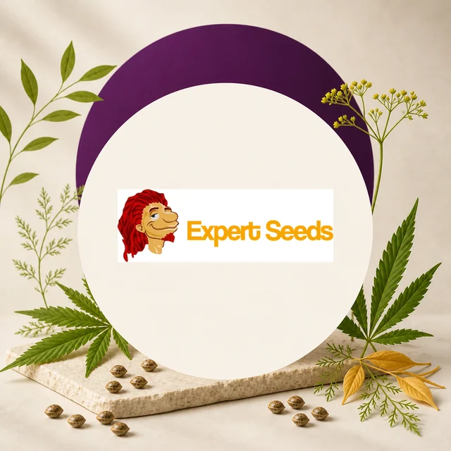 Logotipo de Expert Seeds con un rostro de pelo rojo y letras naranjas, rodeado de hojas de cannabis, ramas y semillas. Logotipo de Expert Seeds con un rostro de pelo rojo y letras naranjas, rodeado de hojas de cannabis, ramas y semillas.