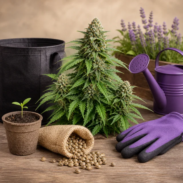Planta de cannabis con cogollos junto a semillas derramadas de un saco, una plántula, una maceta negra, regadera y guantes morados. Planta de cannabis con cogollos junto a semillas derramadas de un saco, una plántula, una maceta negra, regadera y guantes morados.