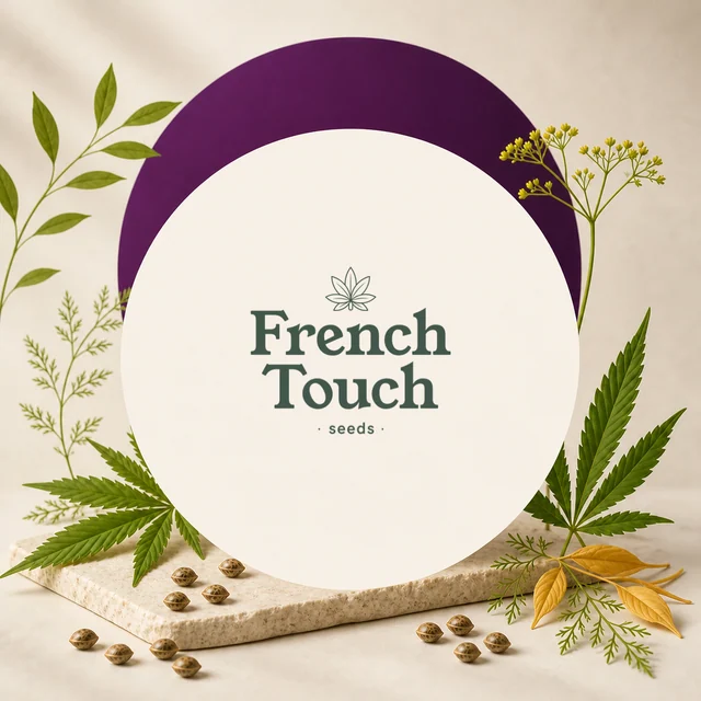 Logotipo verde de French Touch Seeds sobre un círculo crema, enmarcado por un arco morado, hojas de cannabis y semillas. Logotipo verde de French Touch Seeds sobre un círculo crema, enmarcado por un arco morado, hojas de cannabis y semillas.