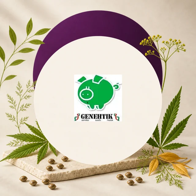 Logotipo de Genehtik con un cerdo verde en el centro de un círculo crema, rodeado de hojas de cannabis y semillas. Logotipo de Genehtik con un cerdo verde en el centro de un círculo crema, rodeado de hojas de cannabis y semillas.