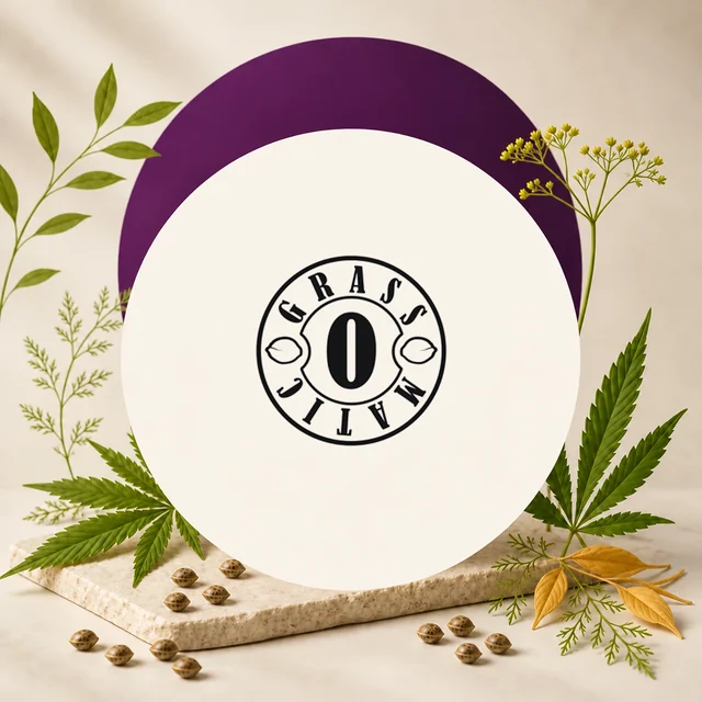 Logotipo circular negro de Grass-O-Matic sobre fondo crema, rodeado de un arco morado, hojas de cannabis y semillas. Logotipo circular negro de Grass-O-Matic sobre fondo crema, rodeado de un arco morado, hojas de cannabis y semillas.
