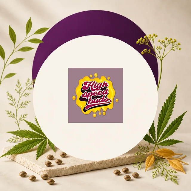 Logotipo de High Speed Buds sobre una mancha amarilla, centrado en un círculo crema con fondo morado, hojas y semillas alrededor.