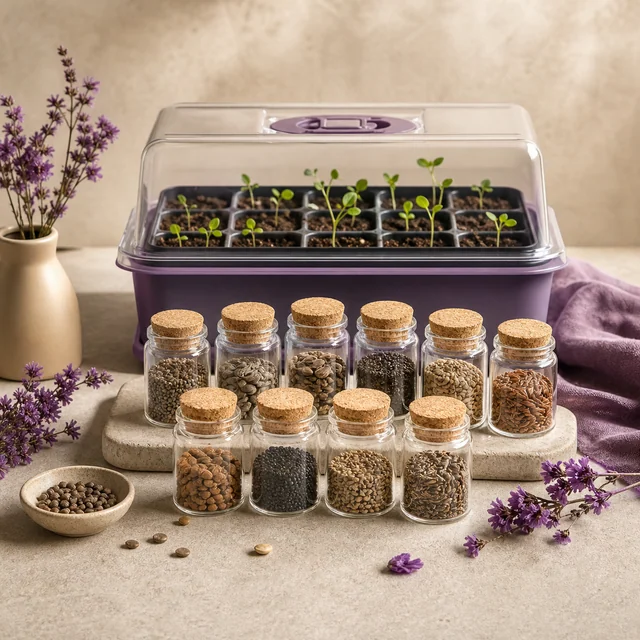 Frascos de cristal con tapones de corcho y semillas variadas ante una bandeja de plántulas con cubierta transparente y base morada.