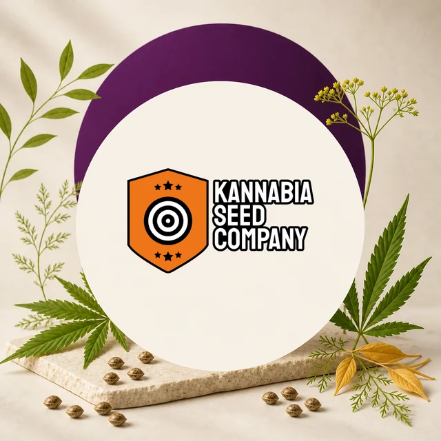 Logotipo de Kannabia Seed Company con escudo naranja sobre un círculo claro, rodeado de hojas de cannabis y semillas. Logotipo de Kannabia Seed Company con escudo naranja sobre un círculo claro, rodeado de hojas de cannabis y semillas.