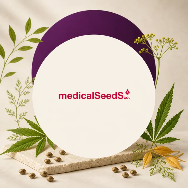 Logotipo rojo de Medical Seeds en un panel circular claro con arco morado, rodeado de hojas de cannabis, ramas y semillas.