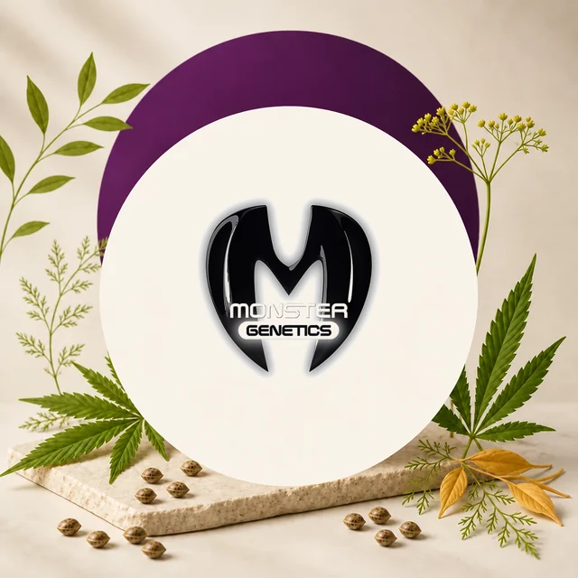 Logotipo negro de Monster Genetics en un círculo claro con arco morado, rodeado de hojas de cannabis, semillas y ramas. Logotipo negro de Monster Genetics en un círculo claro con arco morado, rodeado de hojas de cannabis, semillas y ramas.