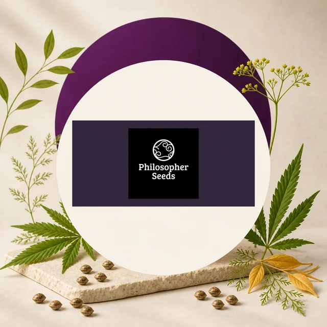 Logotipo de Philosopher Seeds en un recuadro negro sobre una franja oscura, rodeado de hojas de cannabis, ramas y semillas.