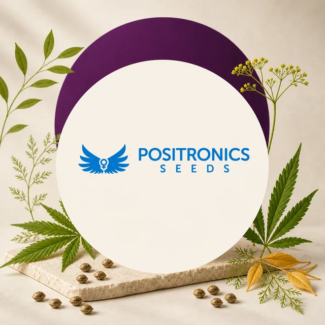 Logotipo azul de Positronics Seeds con emblema alado, sobre un círculo claro rodeado de hojas de cannabis y semillas. Logotipo azul de Positronics Seeds con emblema alado, sobre un círculo claro rodeado de hojas de cannabis y semillas.