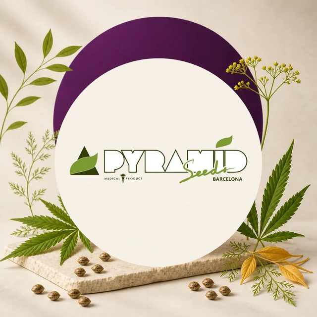 Logotipo verde de Pyramid Seeds Barcelona sobre un círculo claro, rodeado de hojas de cannabis, ramas y semillas dispersas.