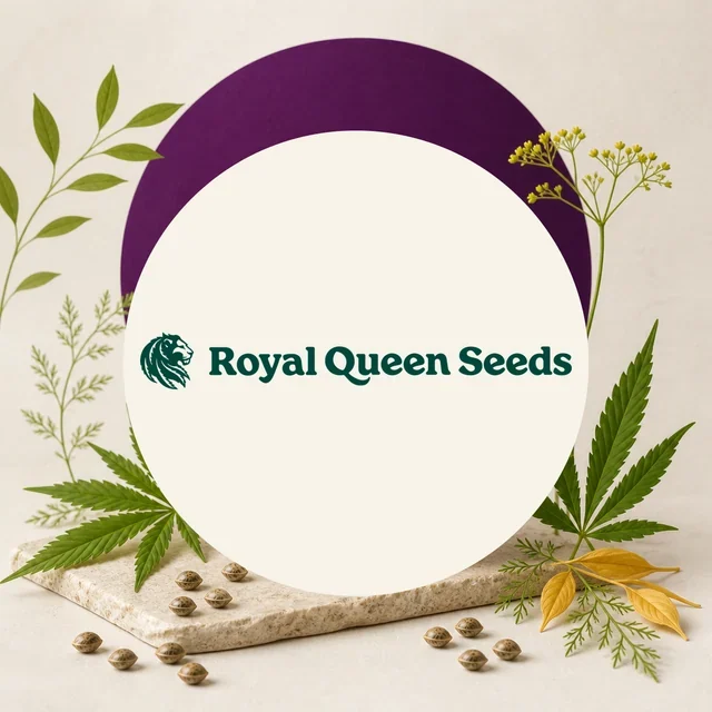 Logotipo verde de Royal Queen Seeds sobre un círculo blanco, con semillas, hojas de cannabis y ramas alrededor.