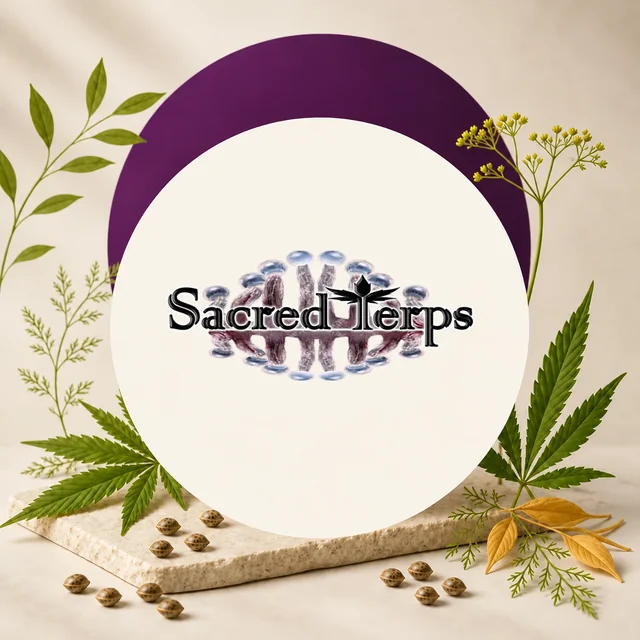 Logotipo Sacred Terps sobre un círculo crema con arco morado, rodeado de hojas de cannabis, semillas y ramas vegetales. Logotipo Sacred Terps sobre un círculo crema con arco morado, rodeado de hojas de cannabis, semillas y ramas vegetales.