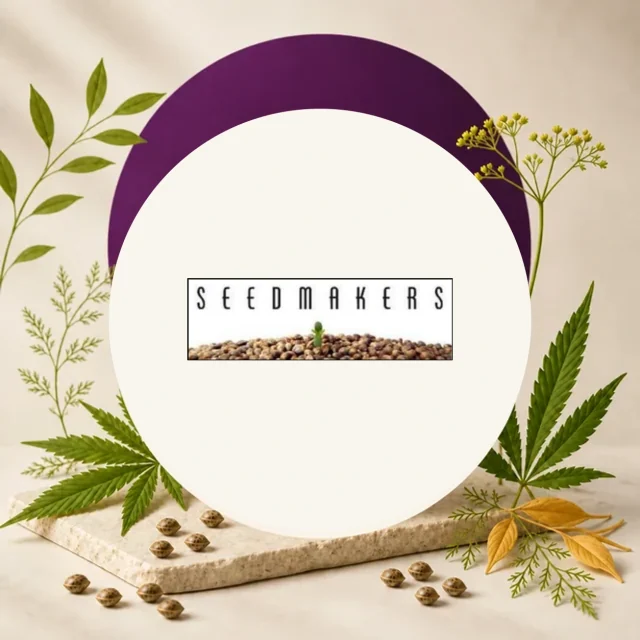 Logotipo Seed Makers centrado en un círculo blanco, rodeado de hojas verdes, semillas y un arco morado. Logotipo Seed Makers centrado en un círculo blanco, rodeado de hojas verdes, semillas y un arco morado.