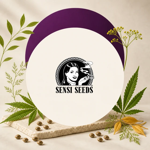 Logotipo negro de Sensi Seeds sobre un círculo crema, con un arco morado, hojas de cannabis y semillas alrededor. Logotipo negro de Sensi Seeds sobre un círculo crema, con un arco morado, hojas de cannabis y semillas alrededor.