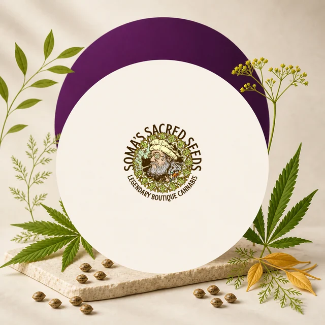 Logotipo de Soma’s Sacred Seeds en un círculo crema, rodeado de hojas de cannabis, ramas y semillas sobre una base clara.