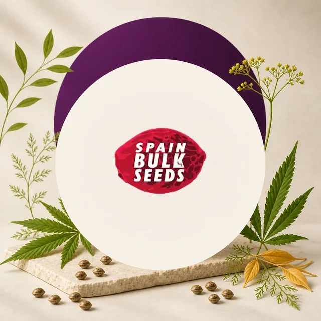 Logotipo rojo de Spain Bulk Seeds en un círculo crema, rodeado de hojas de cannabis, semillas y ramas, con un arco morado al fondo.