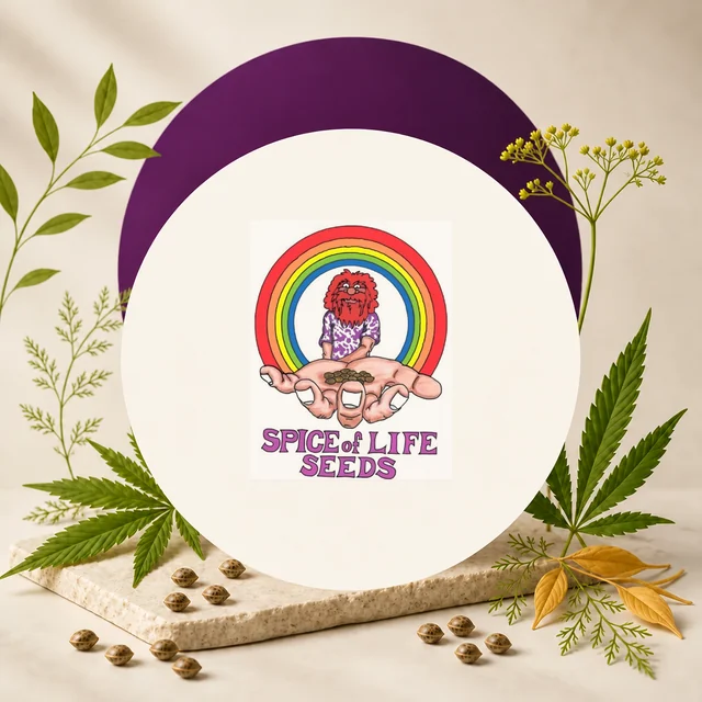 Logotipo de Spice of Life Seeds con arcoíris y personaje que ofrece semillas en las manos, rodeado de hojas de cannabis y semillas.