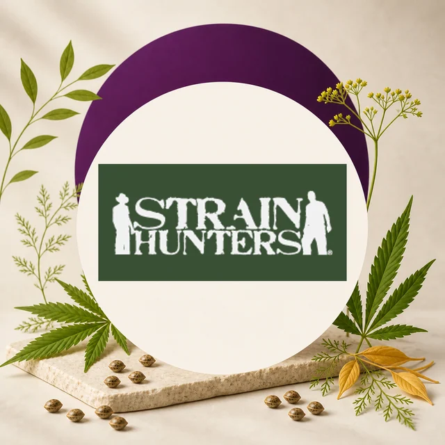 Logotipo blanco de Strain Hunters sobre un rectángulo verde, enmarcado por un círculo claro, un arco morado, hojas y semillas.