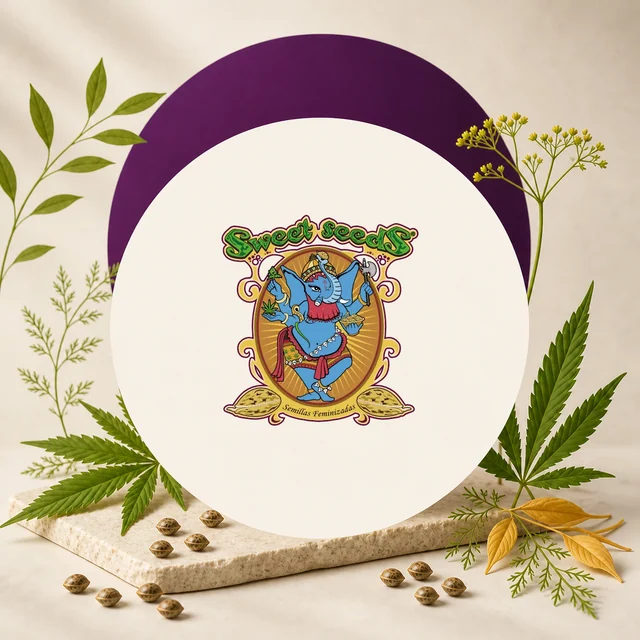 Logotipo Sweet Seeds con un elefante azul en el centro, sobre un círculo crema rodeado de hojas de cannabis y semillas.